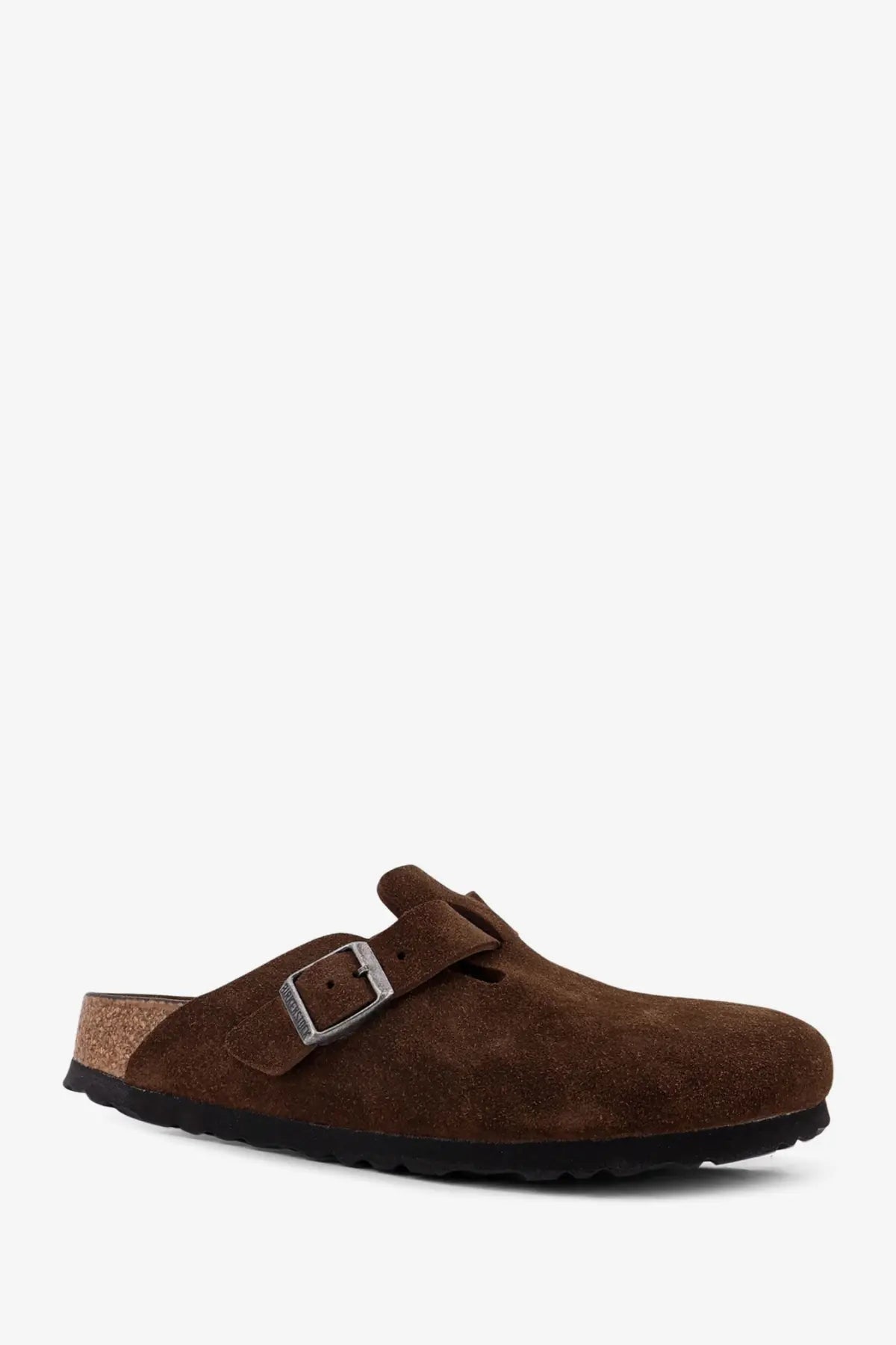 Birkenstock unisex brown suede boston clog with silver buckle and cork footbed for comfortable wear