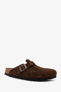 Birkenstock unisex brown suede boston clog with silver buckle and cork footbed for comfortable wear