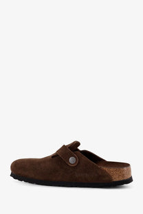 Birkenstock unisex brown suede boston clog with cork footbed and black rubber sole shown from the back side