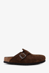 Birkenstock unisex suede boston clog in brown with silver buckle and cork footbed shown from the side