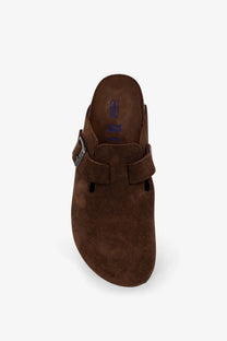 Birkenstock unisex brown suede Boston clog with silver buckle showcasing the product from the back side