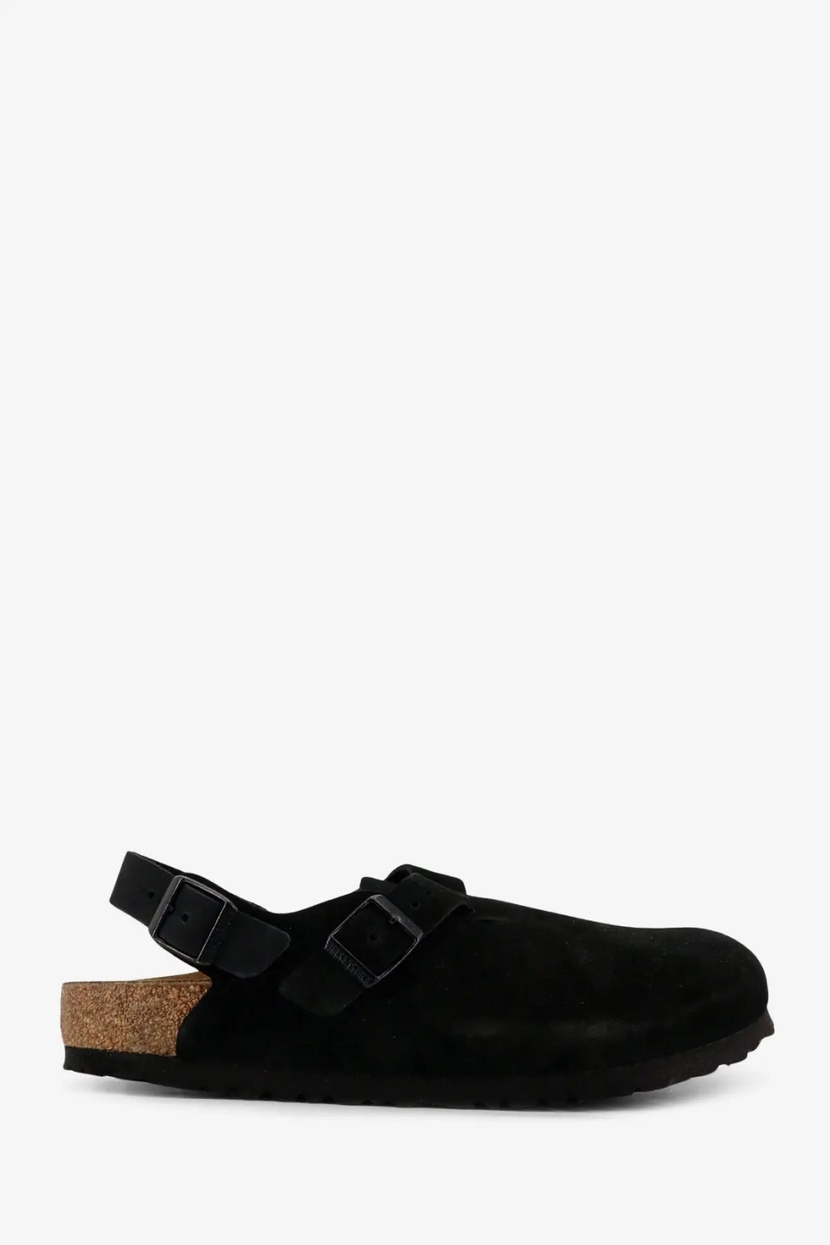 Birkenstock unisex Tokio II black suede mule clog with two adjustable straps and cork footbed front view