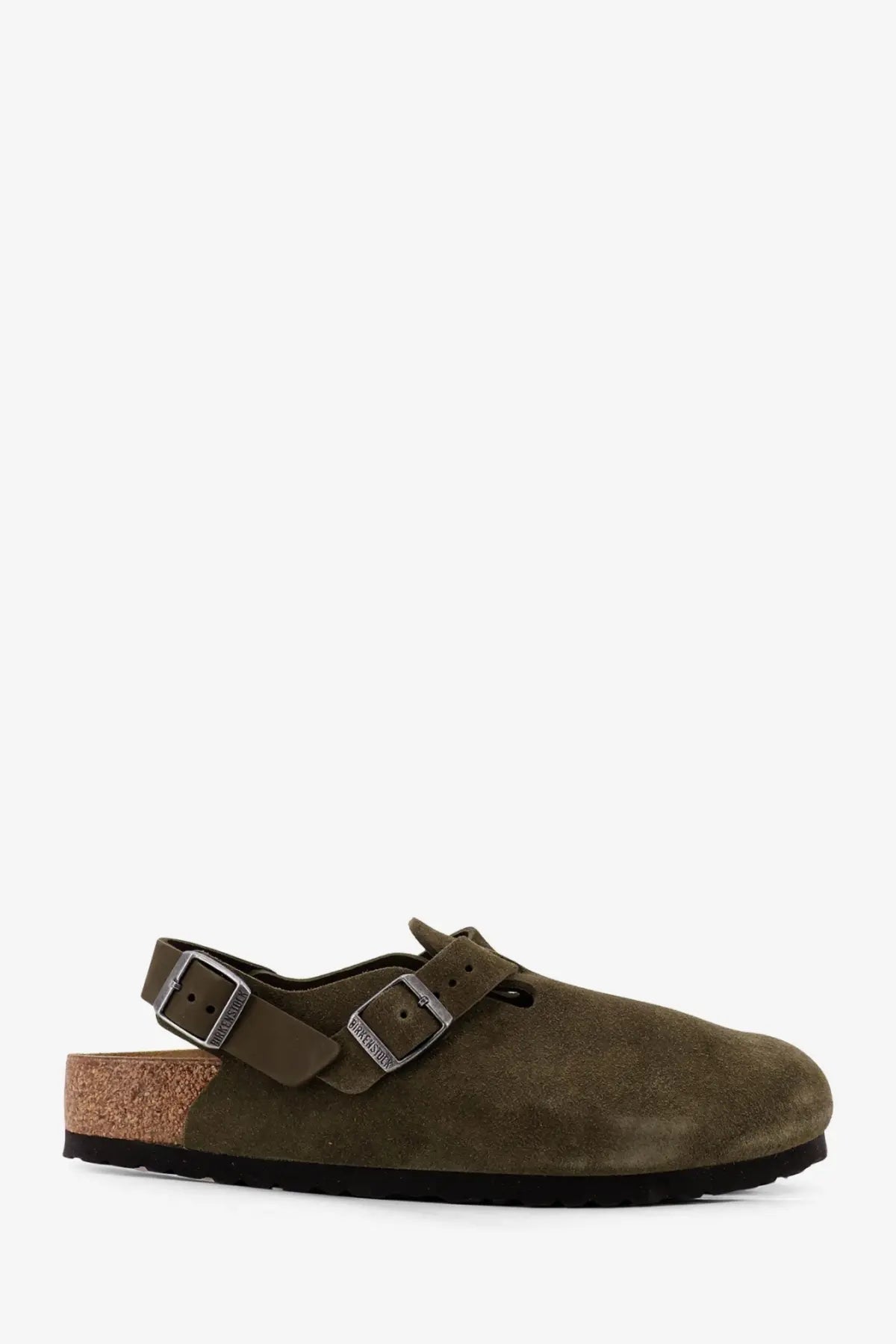 Birkenstock unisex tokyo suede low sandals green olive with two silver buckle straps and cork footbed