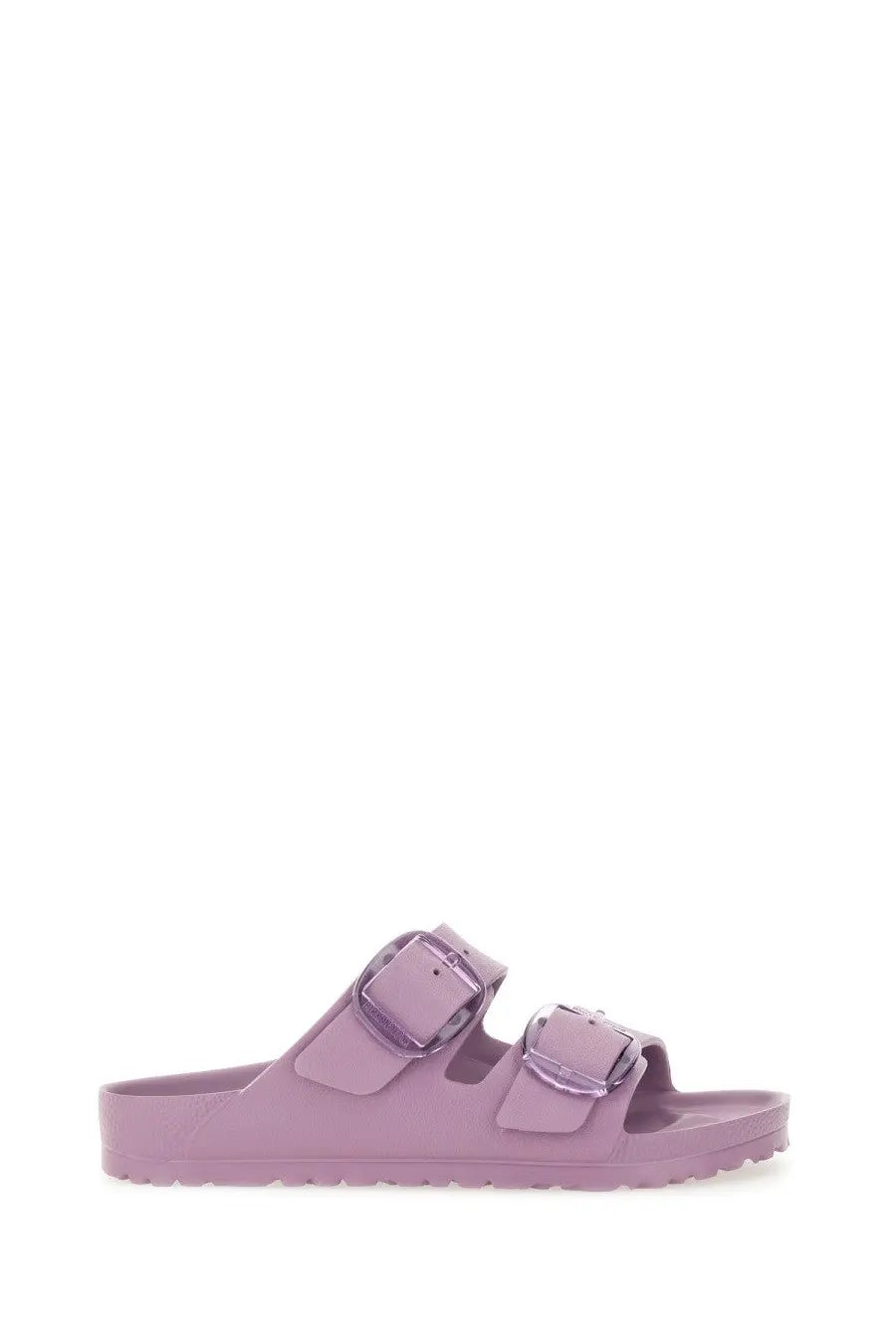 Birkenstock women’s arizona big buckle sandal in lilac with two adjustable straps and metallic buckle closures