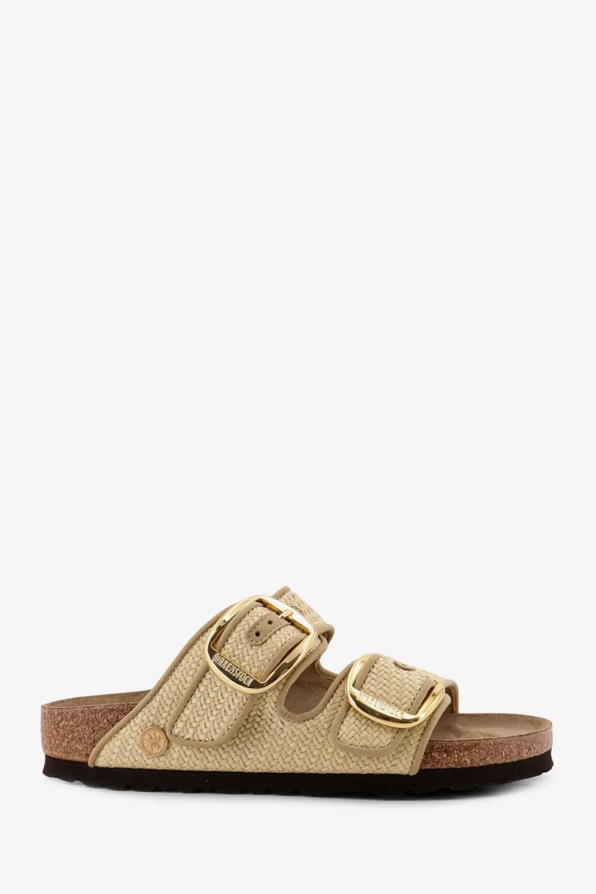 Beige woven fabric birkenstock women’s arizona big raffia sandals with gold-tone buckles and cork footbed