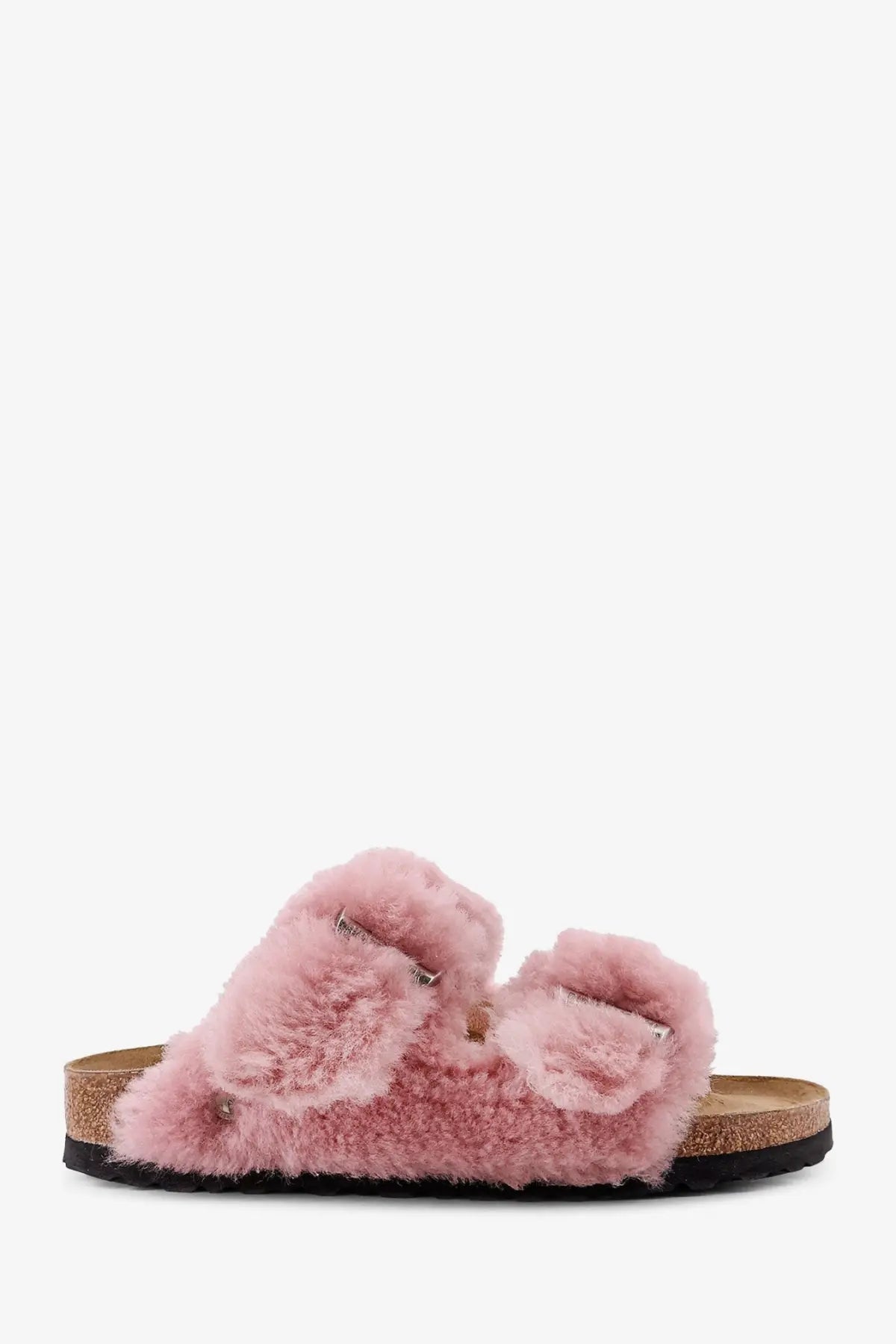 Birkenstock women’s arizona pink slide sandals with fluffy sheepskin strap cork footbed and black rubber sole