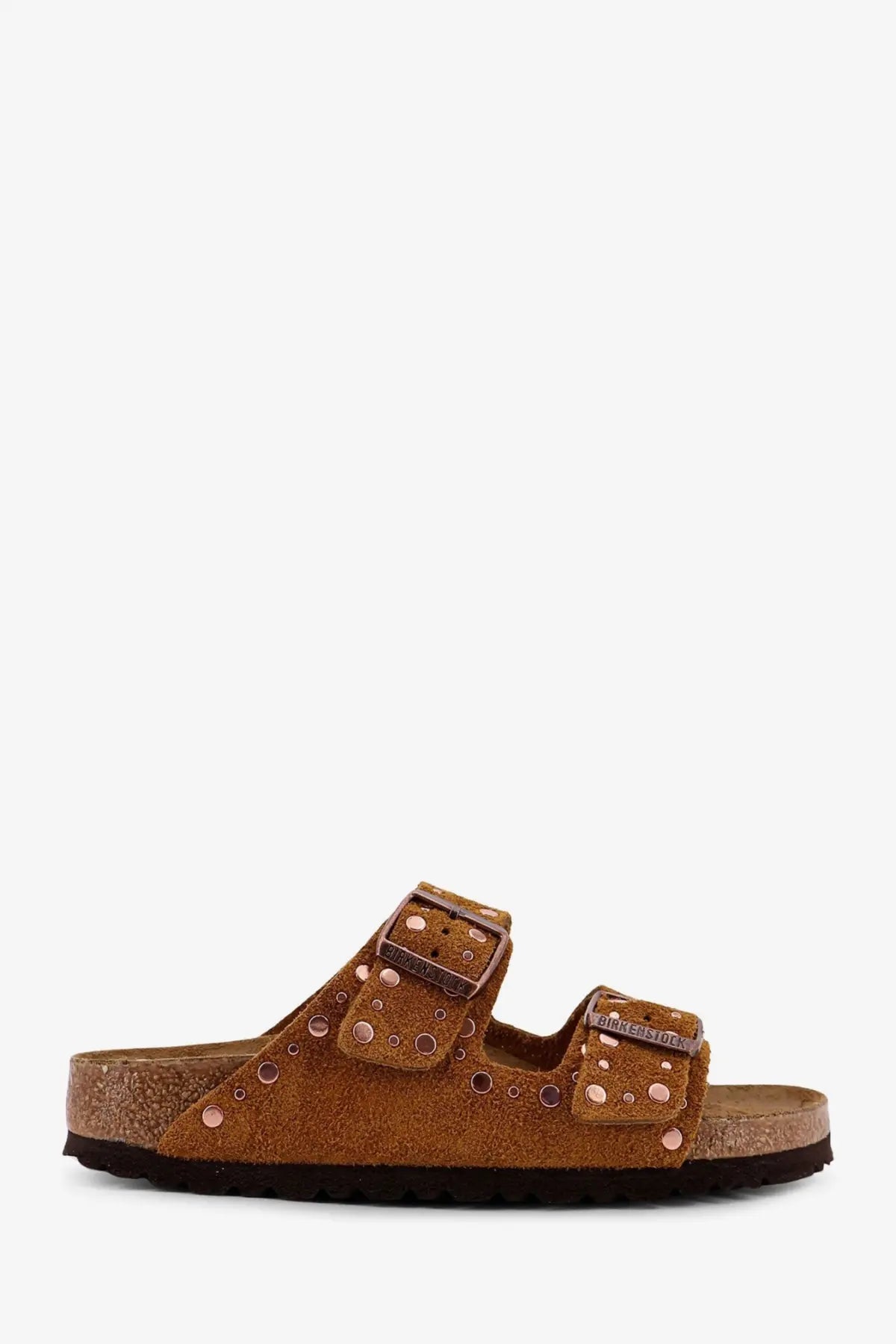 Birkenstock women’s arizona rivet suede sandals in tan with rose gold metal buckles and decorative studs