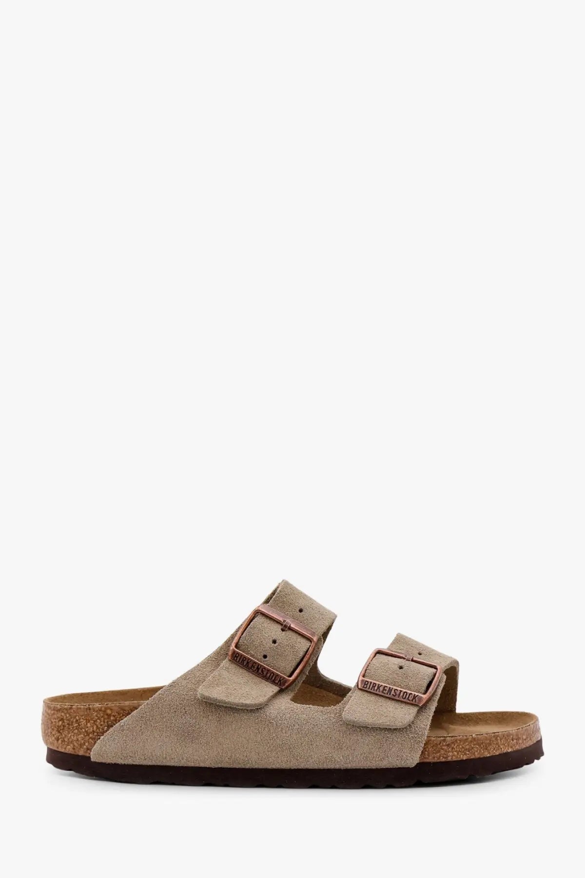Birkenstock women’s arizona beige suede sandals with rose gold-tone double straps and cork footbed