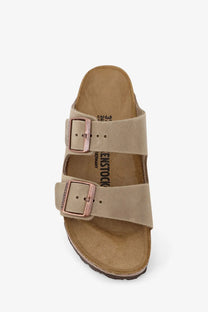 Beige suede birkenstock womens arizona sandals with rose gold-tone double buckle straps in brown
