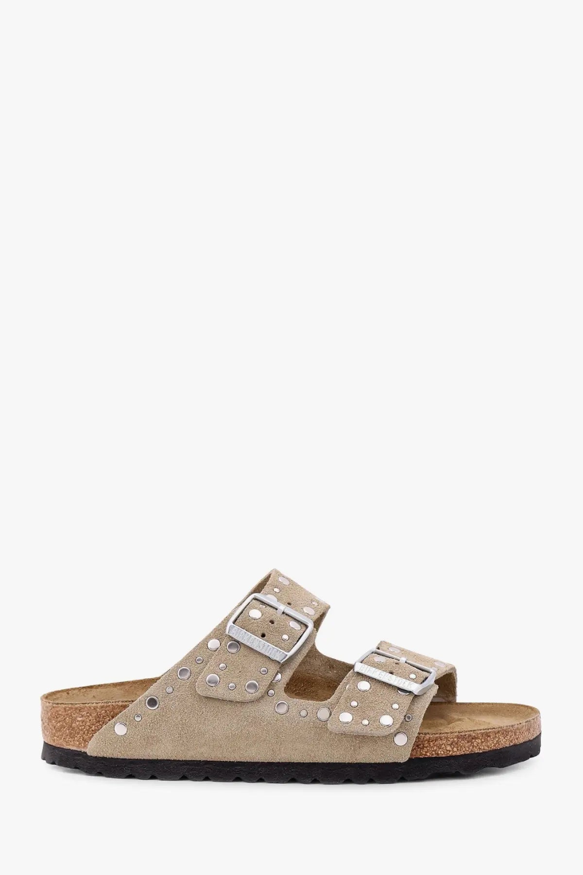 Birkenstock women’s arizona suede sandals in brown with beige straps, silver-toned buckles, and decorative studs