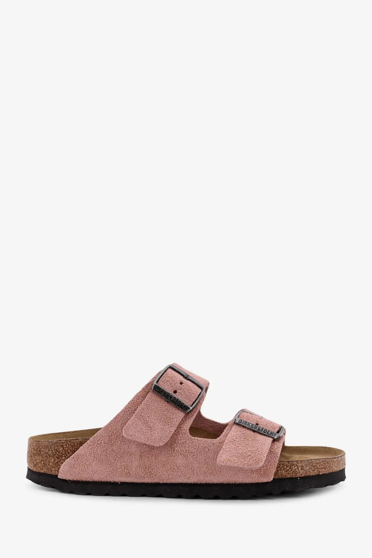 Birkenstock women’s Arizona pink suede sandals with two adjustable straps and cork footbed front view
