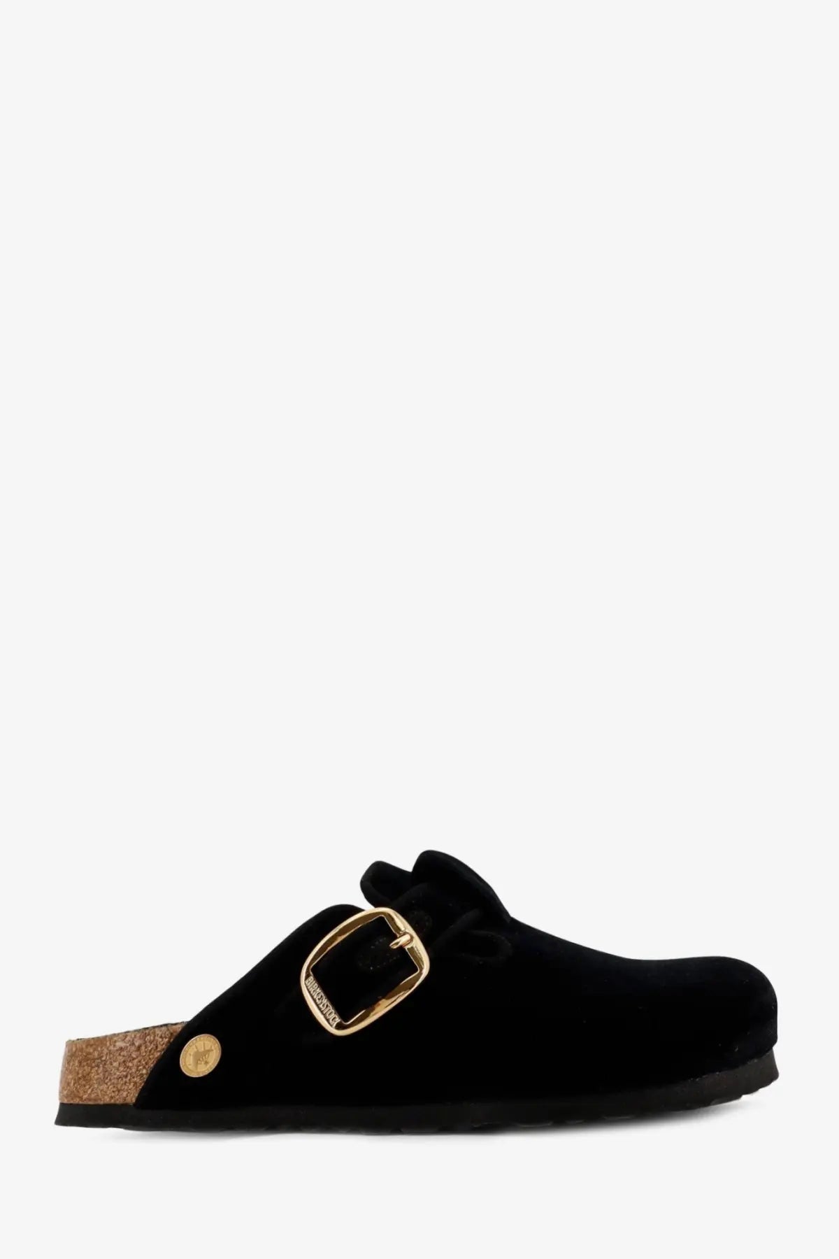 Birkenstock womens boston big buckle piping rivet mule black velvet clog with gold tone buckle and cork footbed