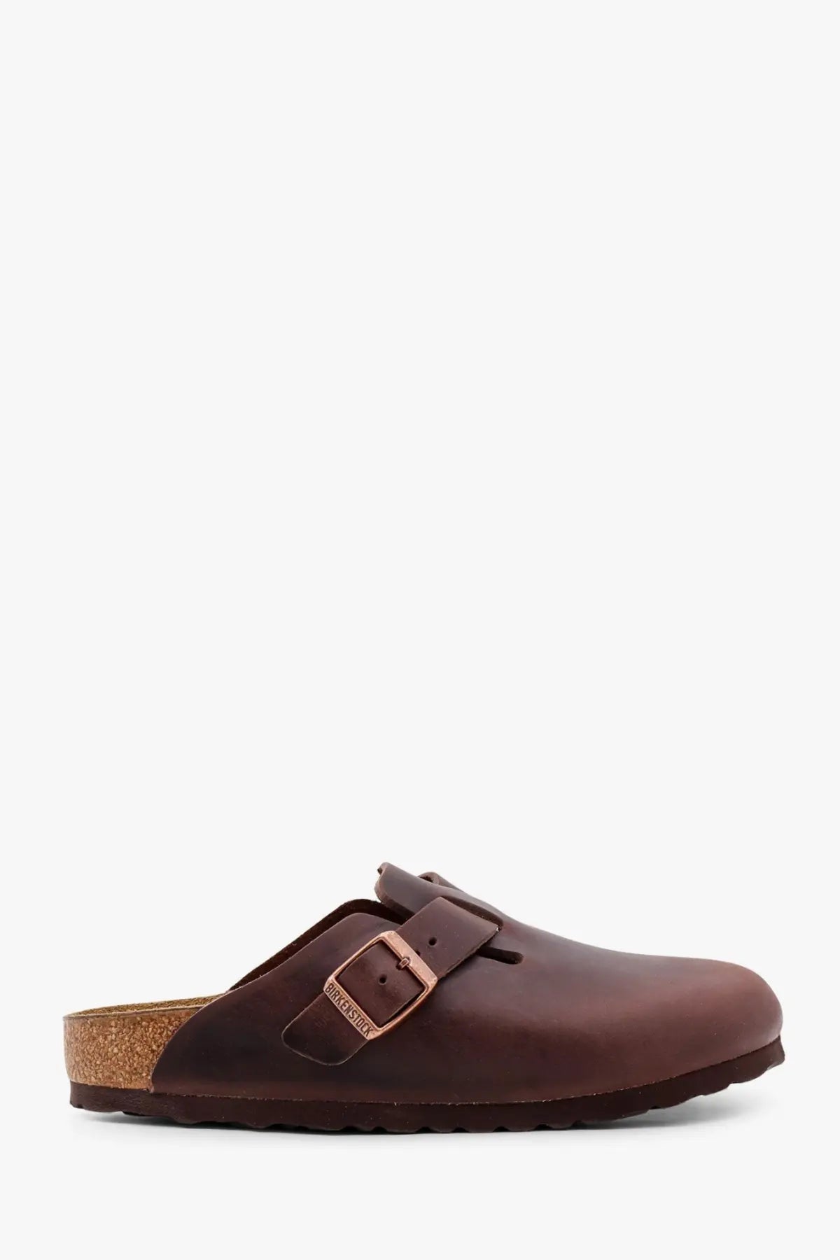 Birkenstock women’s Boston BS leather mule in brown with copper-toned buckle and cork footbed