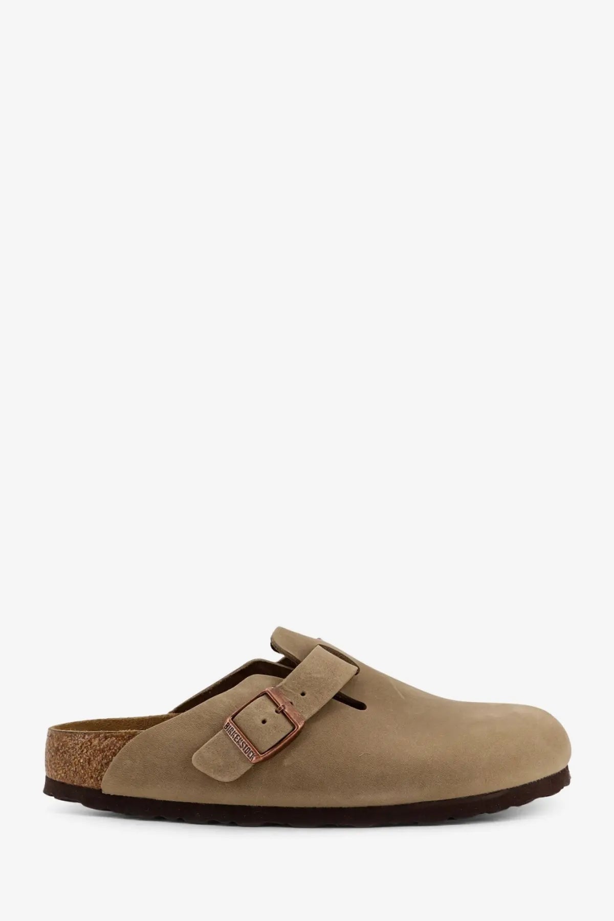 Birkenstock women’s boston bs leather mule brown tan suede clog with copper buckle and cork footbed
