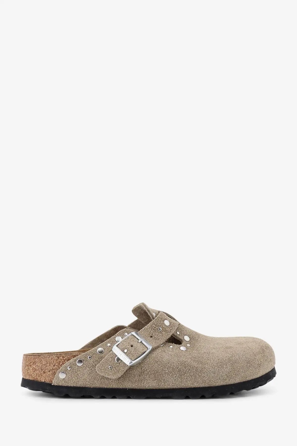 Beige suede birkenstock womens boston rivet clog with silver buckle and decorative studs in brown