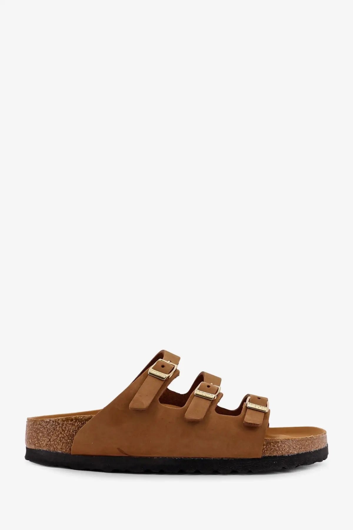 Birkenstock women’s florida suede sandal in tan brown with three adjustable straps and gold-tone buckles