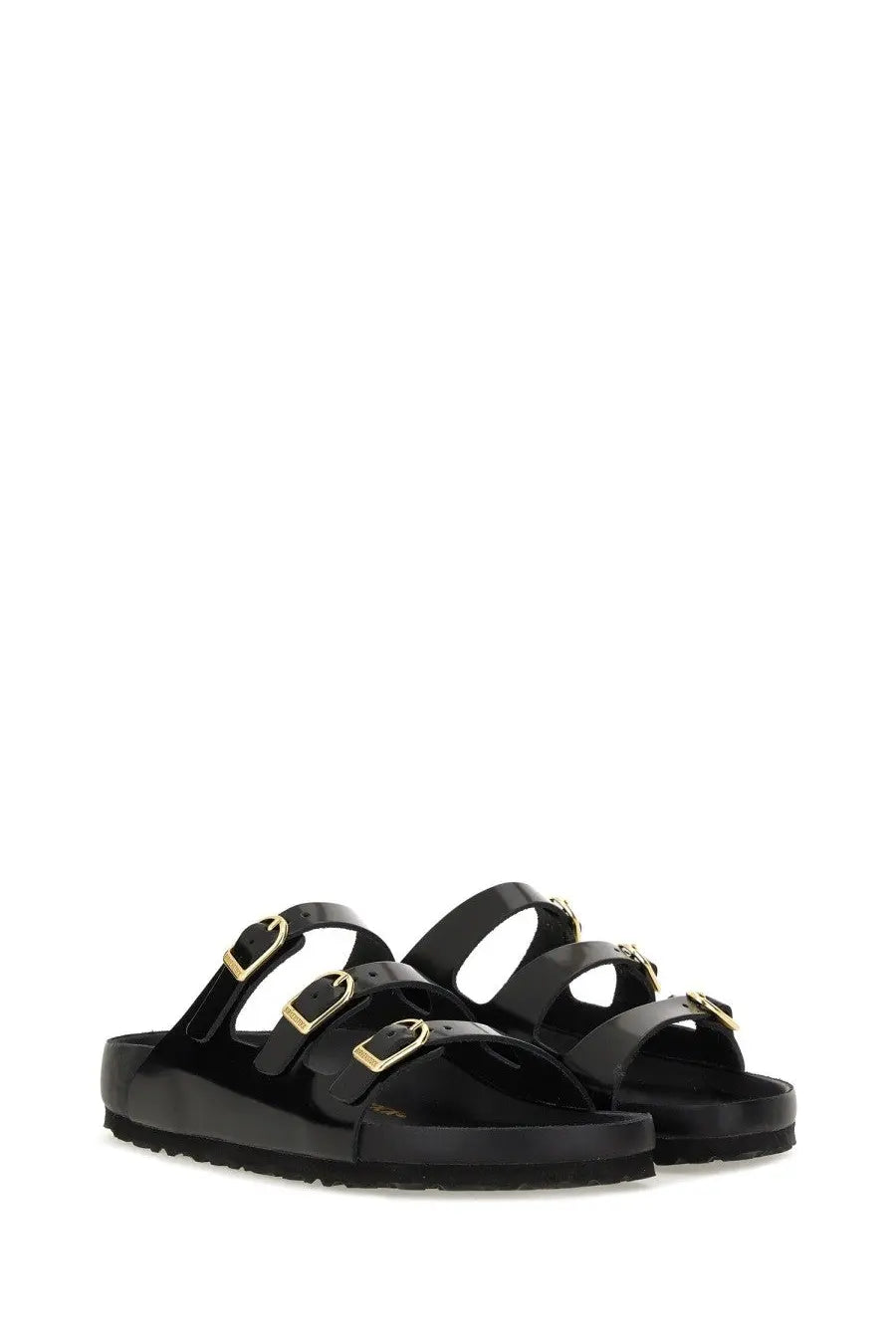 Birkenstock women’s sandalwood florida fresh black patent leather arizona sandals with gold-tone buckle straps