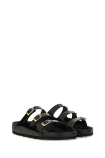 Birkenstock women’s sandalwood florida fresh black patent leather arizona sandals with gold-tone buckle straps