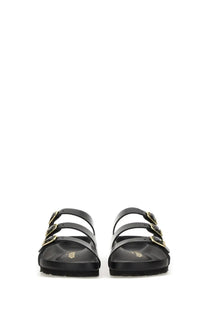 Birkenstock women’s sandalwood Florida fresh black sandals with three adjustable straps and gold-tone buckles
