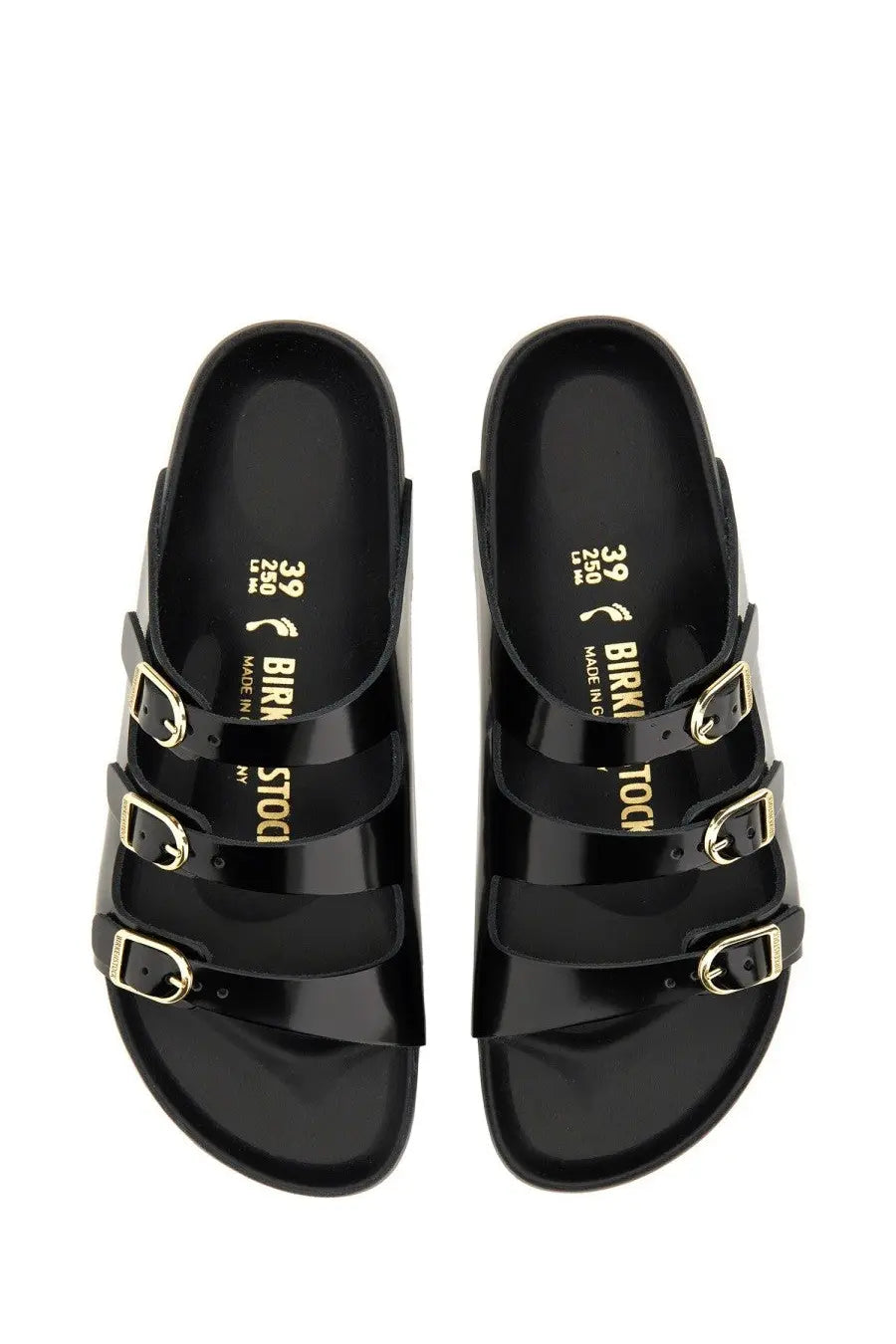 Birkenstock women’s sandalwood Florida fresh black sandals with three gold-toned buckle straps on black material