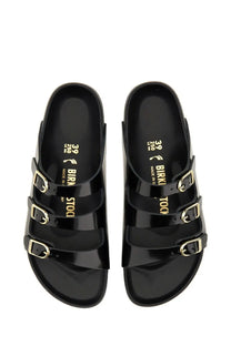 Birkenstock women’s sandalwood Florida fresh black sandals with three gold-toned buckle straps on black material