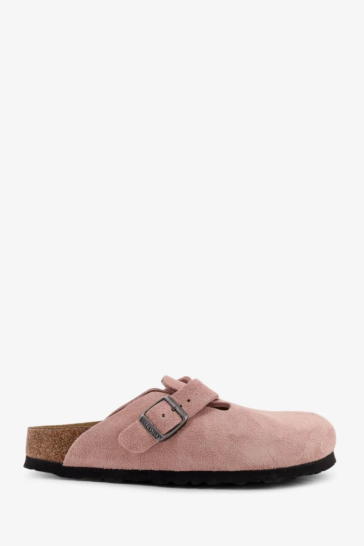 Birkenstock women’s suede boston clog sandal in pink with silver buckle and cork footbed front view