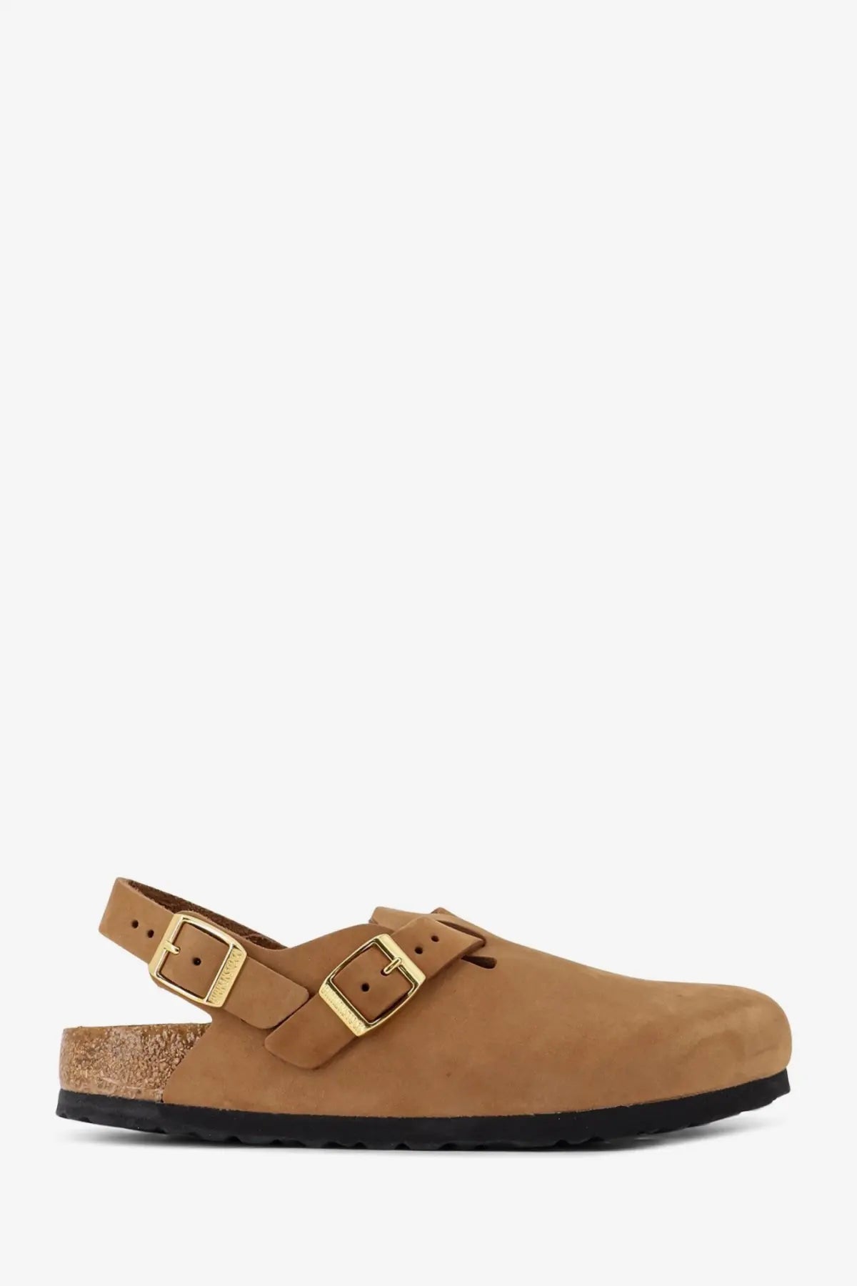 Birkenstock women’s tokio hex brown suede clog sandal with two gold-tone buckle straps and cork footbed
