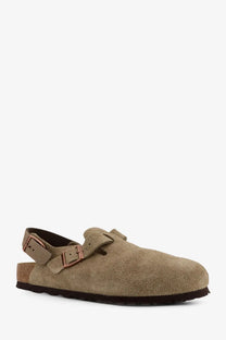 Birkenstock women’s tokio ii suede mule beige tan suede clog with rose gold-tone buckle straps front view