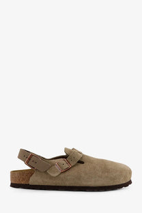 Birkenstock women’s tokio II suede mule beige in tan with two adjustable straps and cork footbed viewed from the back