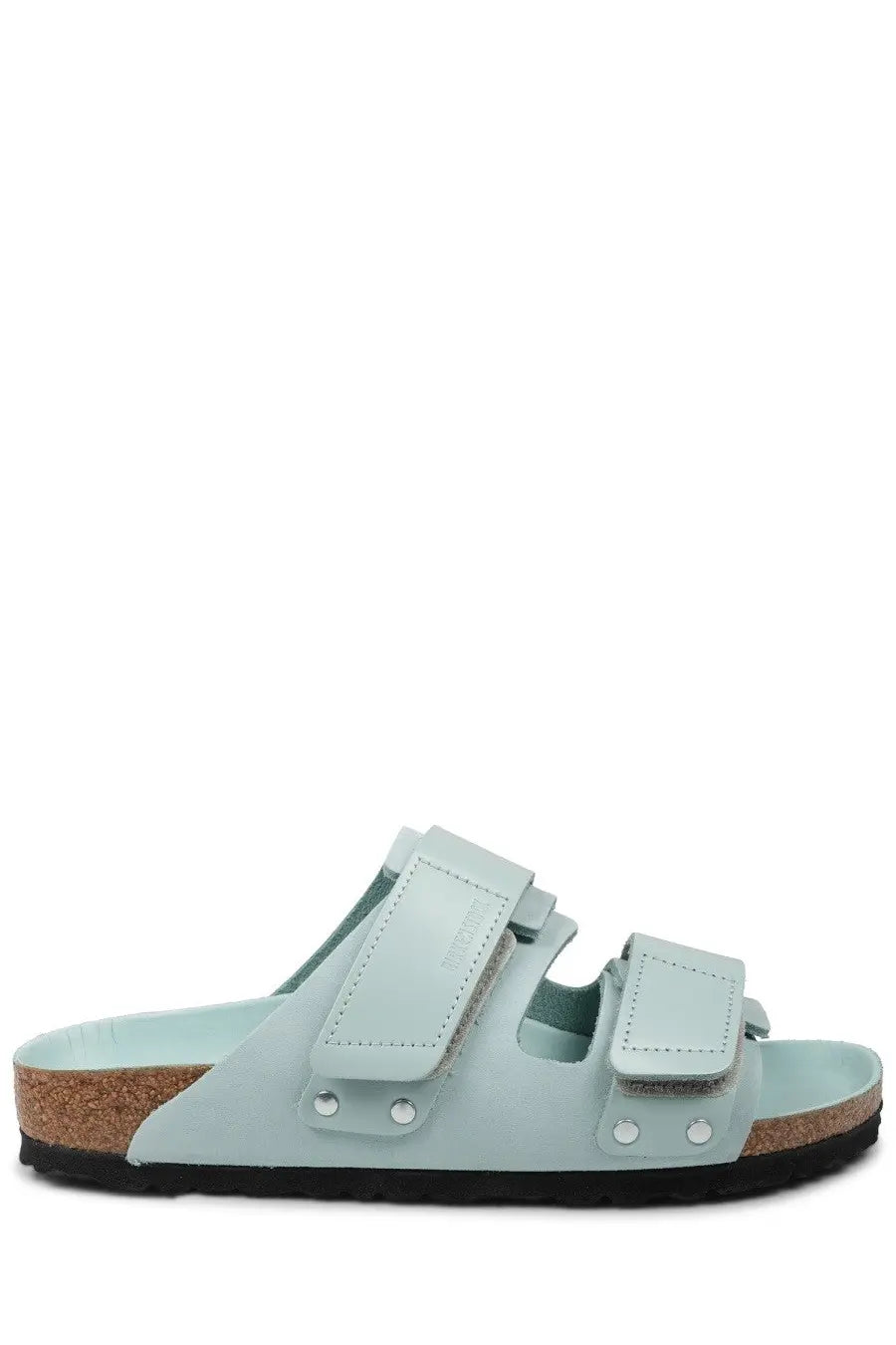 Birkenstock women’s uji light blue leather sandal with two velcro straps and cork footbed