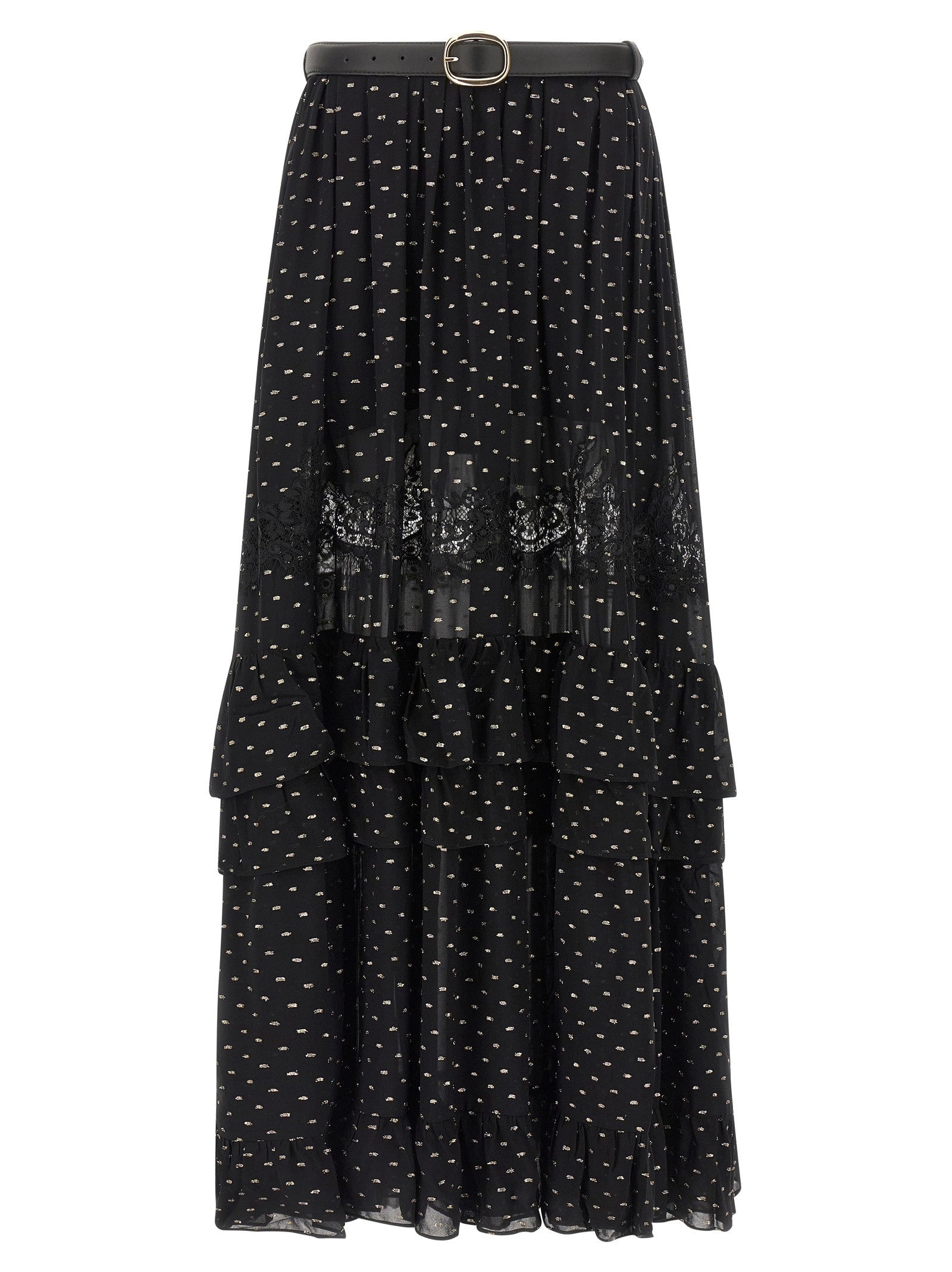 self-portrait Black and Gold Chiffon Lace Maxi Skirt Black