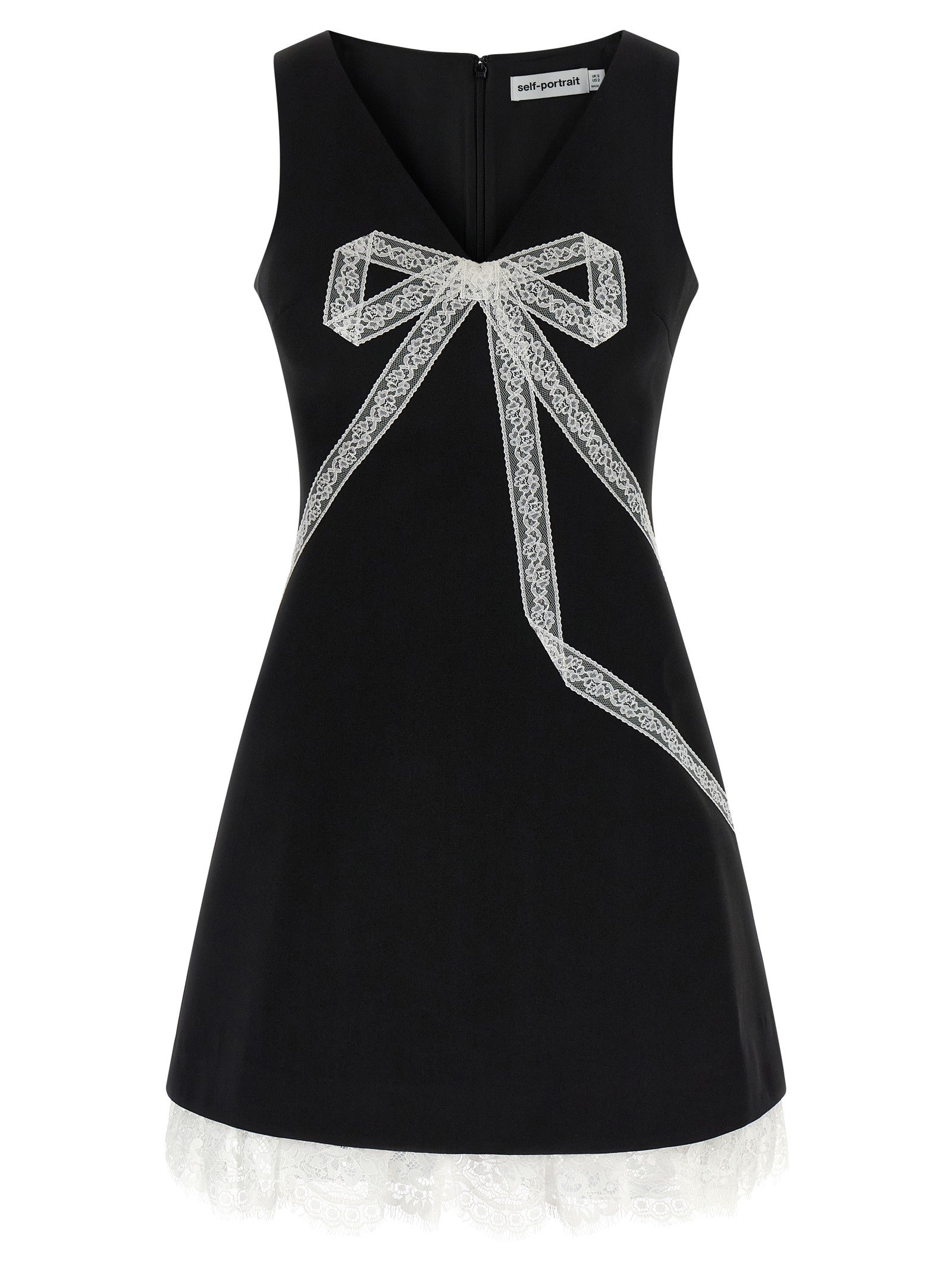 self-portrait Black Crêpe Bow Lace Mini Dress White