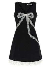 self-portrait Black Crêpe Bow Lace Mini Dress White