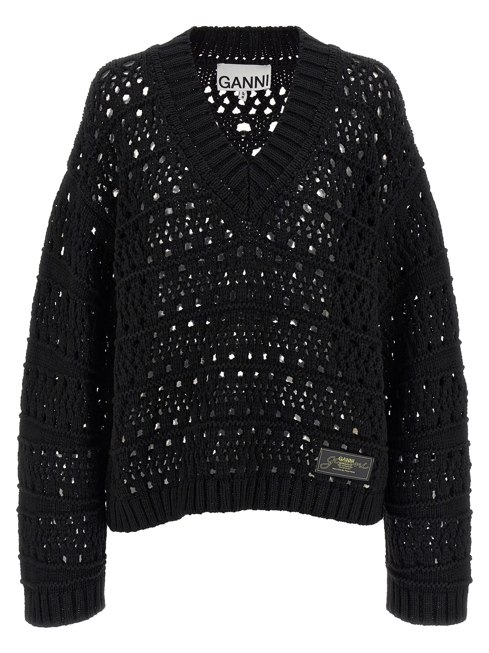 Ganni Black Crochet Neck Sweater Black