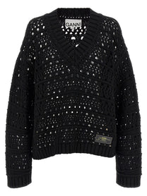 Ganni Black Crochet Neck Sweater Black