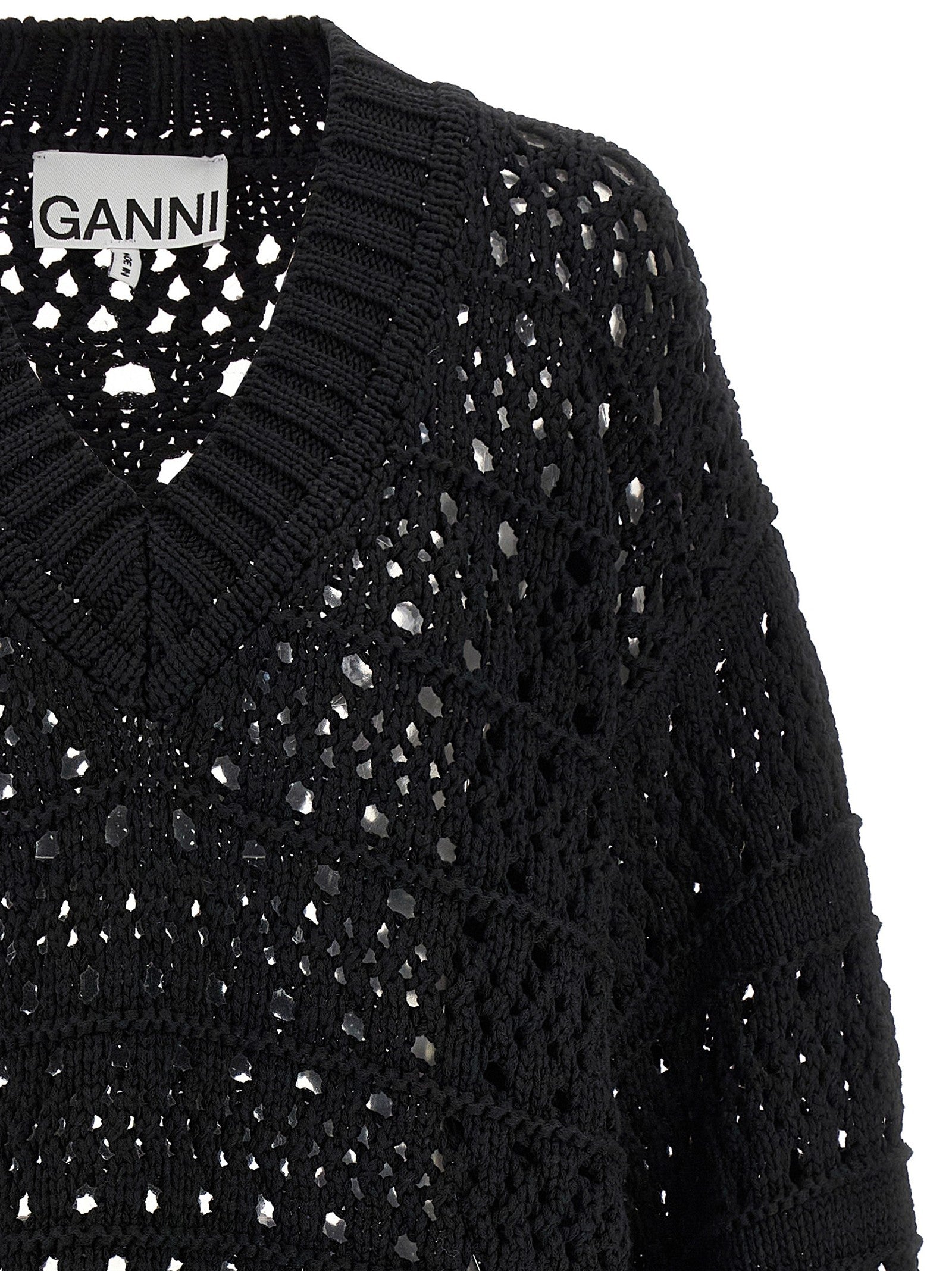 Ganni Black Crochet Neck Sweater Black