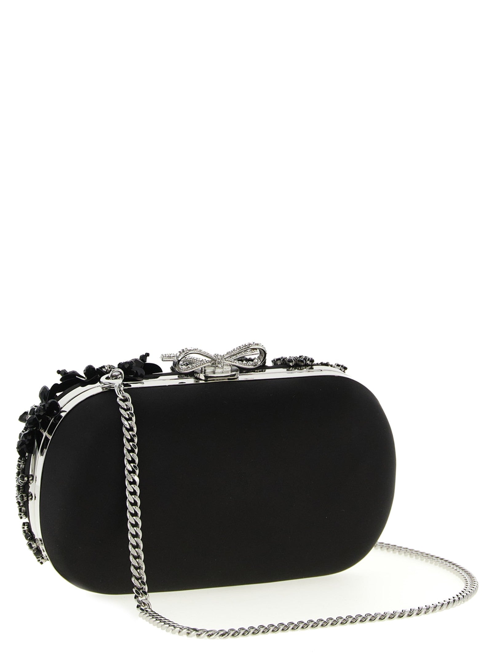 self-portrait Black Satin Floral Crystal Clutch Black