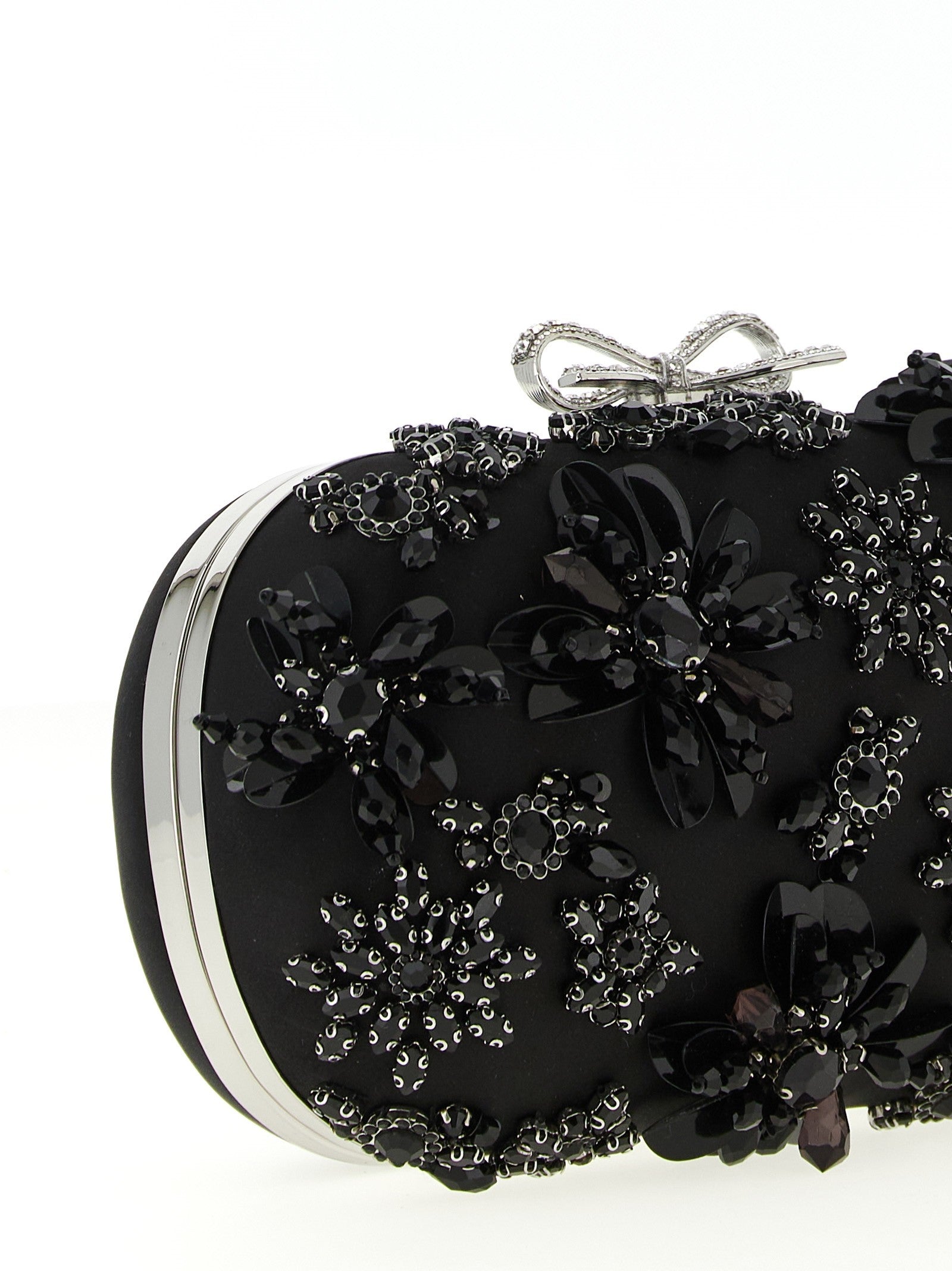 self-portrait Black Satin Floral Crystal Clutch Black