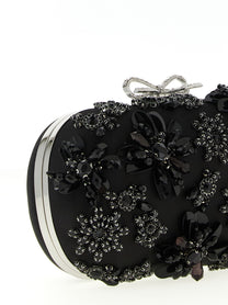 self-portrait Black Satin Floral Crystal Clutch Black