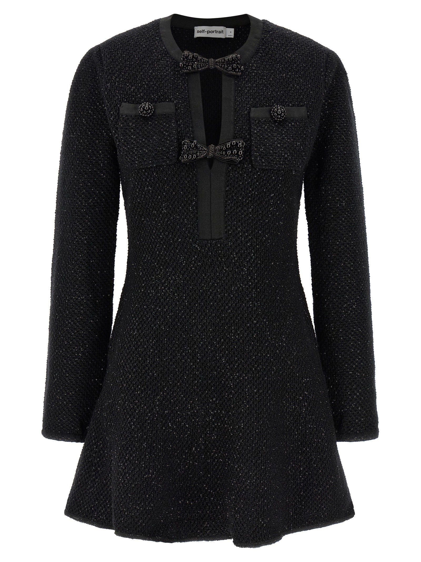 self-portrait Black Sequin Knit Mini Dress Black