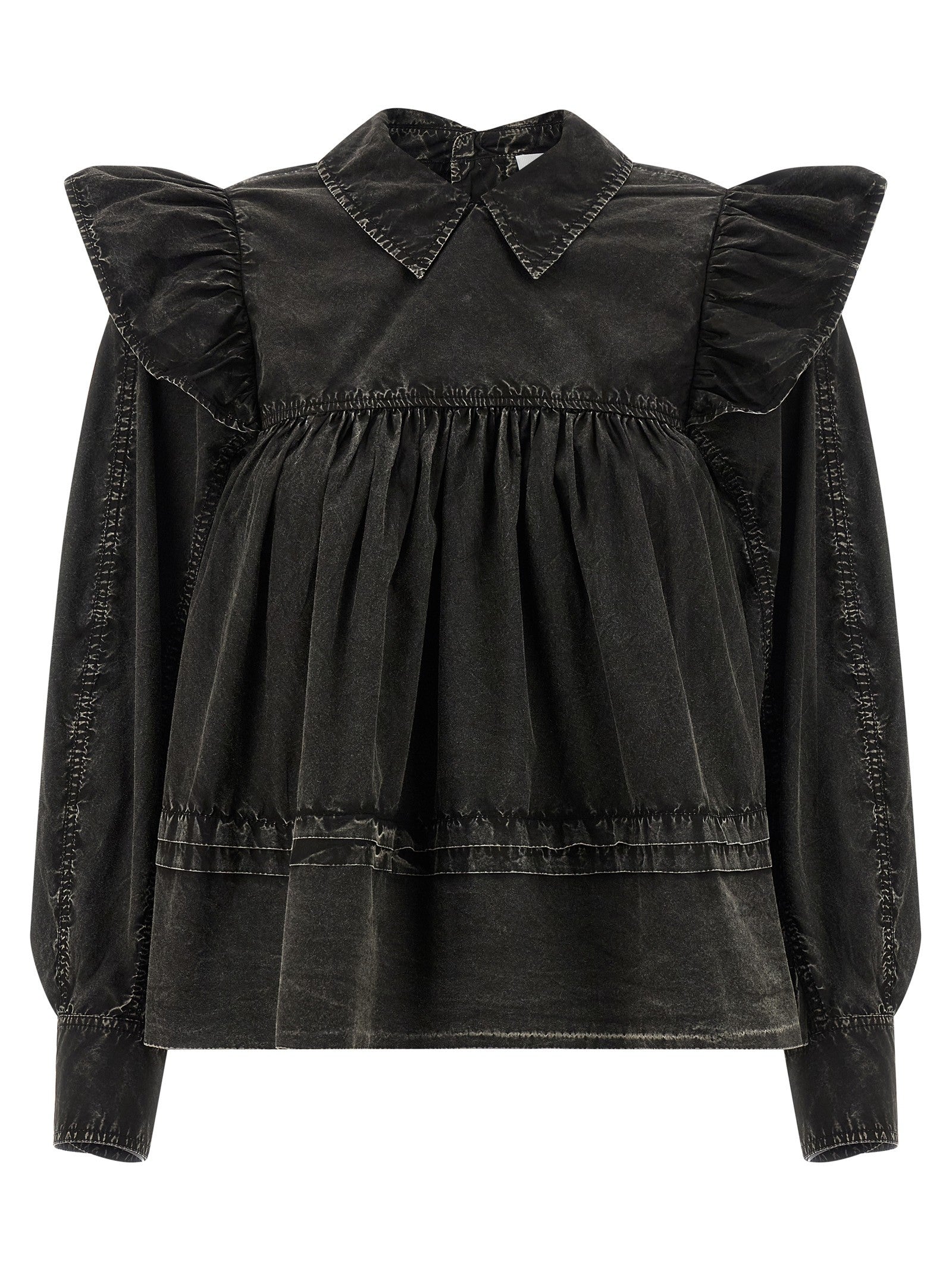 Ganni Black Washed Frill Blouse Black
