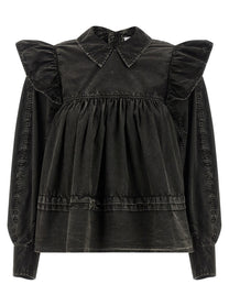 Ganni Black Washed Frill Blouse Black