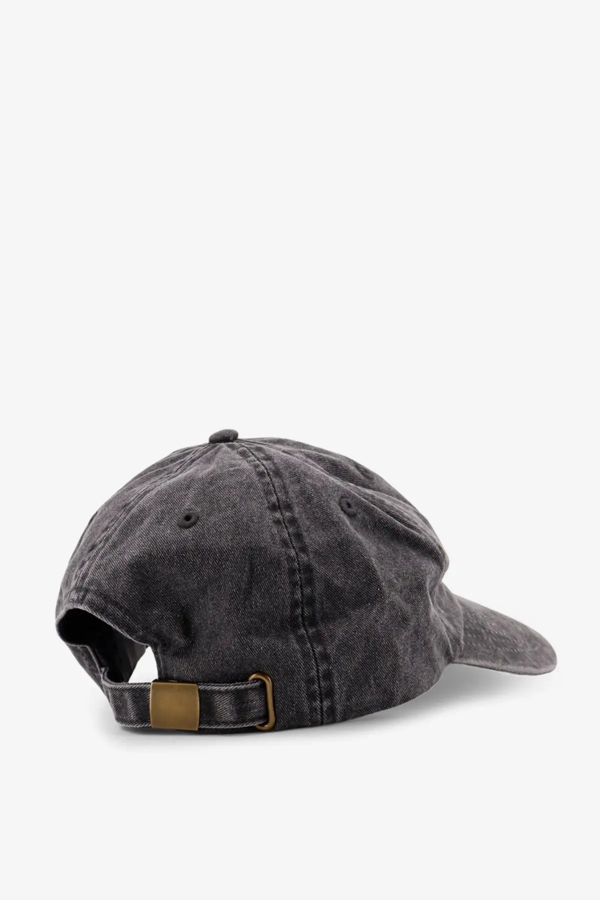 Dark gray denim bonsai men’s vintage cotton baseball hat showing brass-colored adjustable strap at the back
