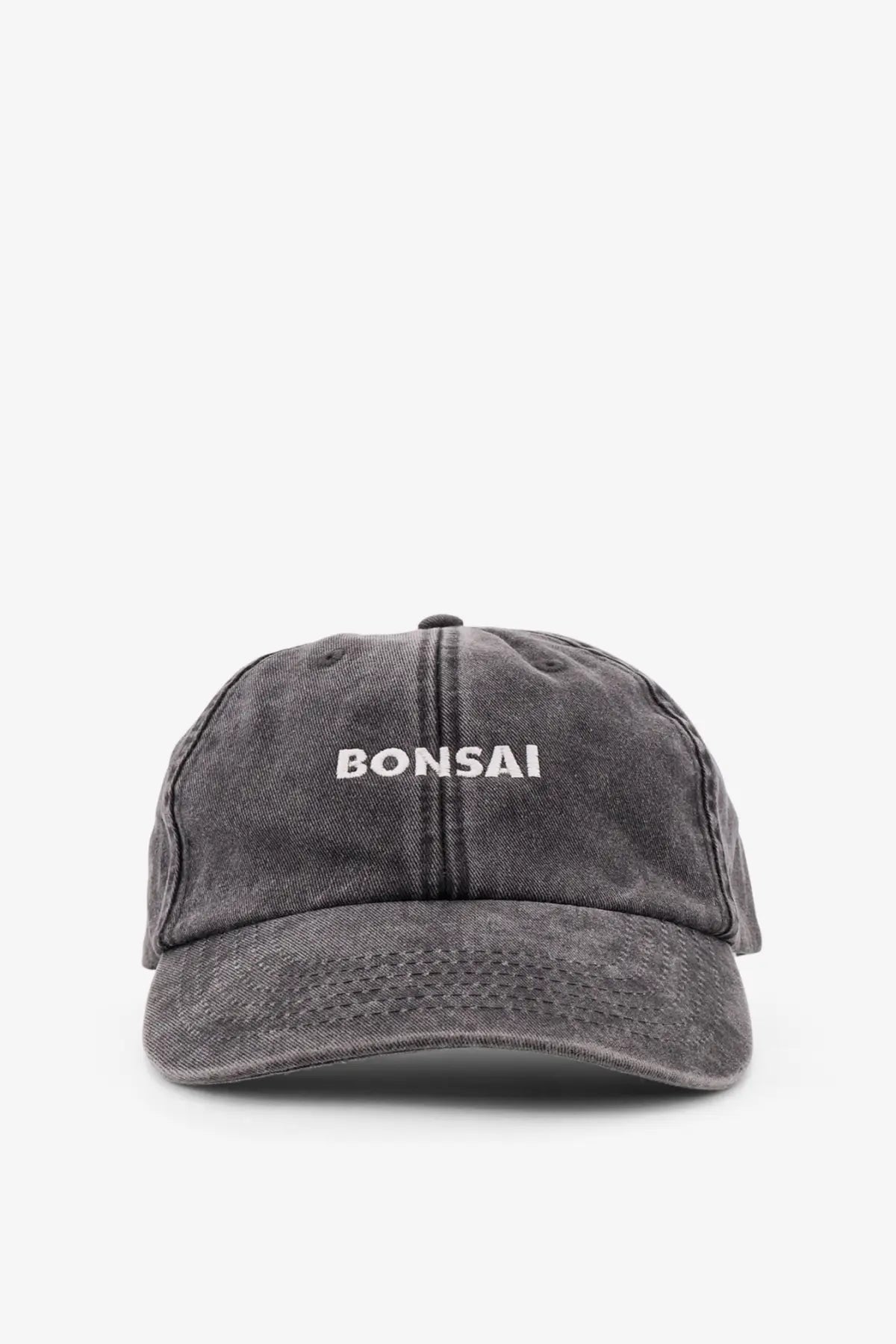 Bonsai men’s vintage cotton baseball hat in dark gray denim with white bonsai embroidery on the front