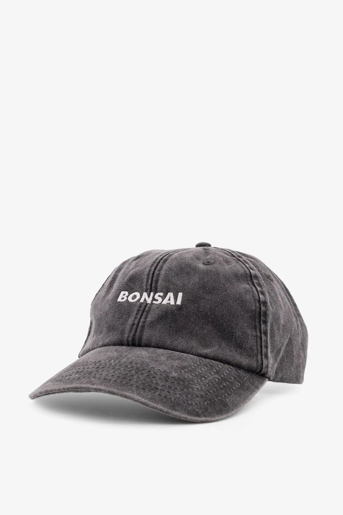 Dark gray washed cotton baseball cap with white embroidered bonsai lettering for men’s vintage style