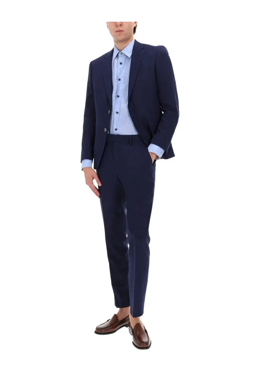 Navy blue tailored BOSS men’s two-piece suit with micromotif and matching trousers worn with light blue shirt