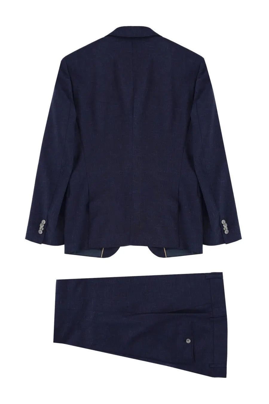 Navy blue wool BOSS men’s abito due pezzi blue suit with three-button cuffs and single button pants pocket