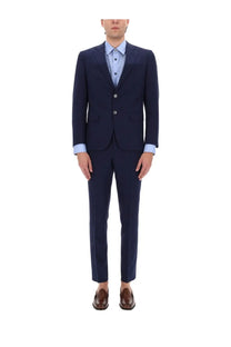 Navy blue wool BOSS men’s two-piece suit with three-button front and notched lapels featuring micromotivo pattern