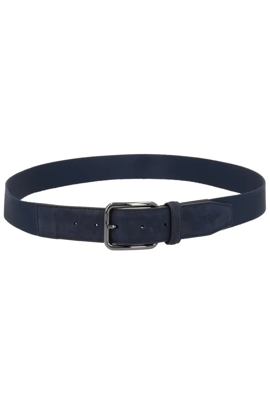 BOSS men’s boss aston martin leather belt in dark blue with silver-toned buckle and embossed logo on keeper