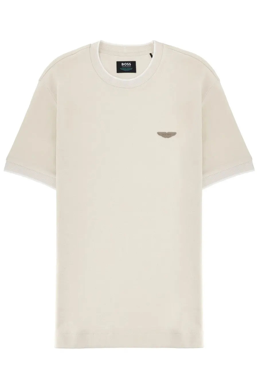 Cream-colored boss men’s t-shirt with a subtle metallic wing logo on the left chest from Aston Martin collection